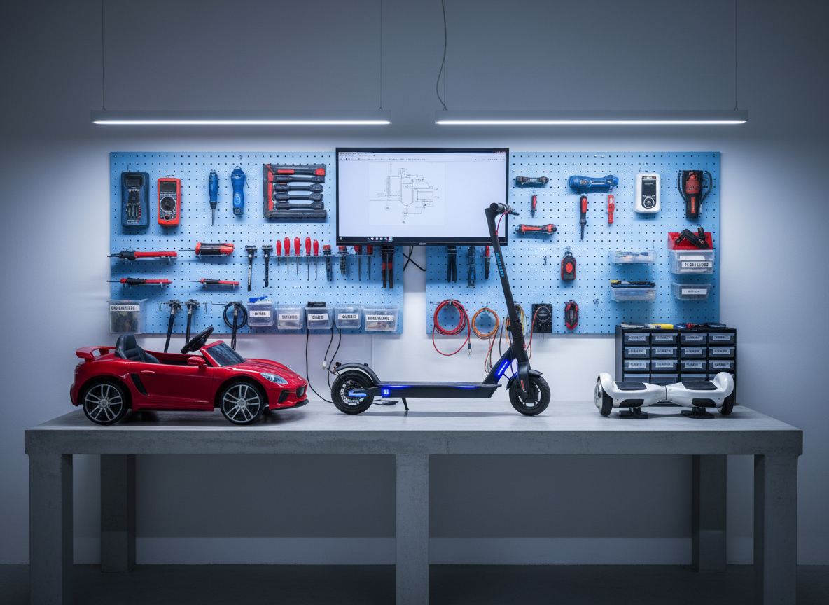 A clean, well-organized electric vehicle repair bench dedicated to small mobility devices, featuring a glossy red children’s electric car, a black folding electric scooter, and a compact hoverboard neatly arranged on a sturdy light-gray worktable. Behind them, wall-mounted pegboards display carefully ordered tools, diagnostic equipment, and labeled spare parts. Cool, even workshop lighting from overhead LED panels creates soft reflections on the plastic bodywork and brushed metal components, with minimal shadows. Photographed at eye level in crisp photographic realism, the composition uses the rule of thirds, with ample negative space above for potential text overlay. The atmosphere feels professional, precise, and trustworthy, conveying a specialized technical workshop focused on electric mobility assistance and repair.